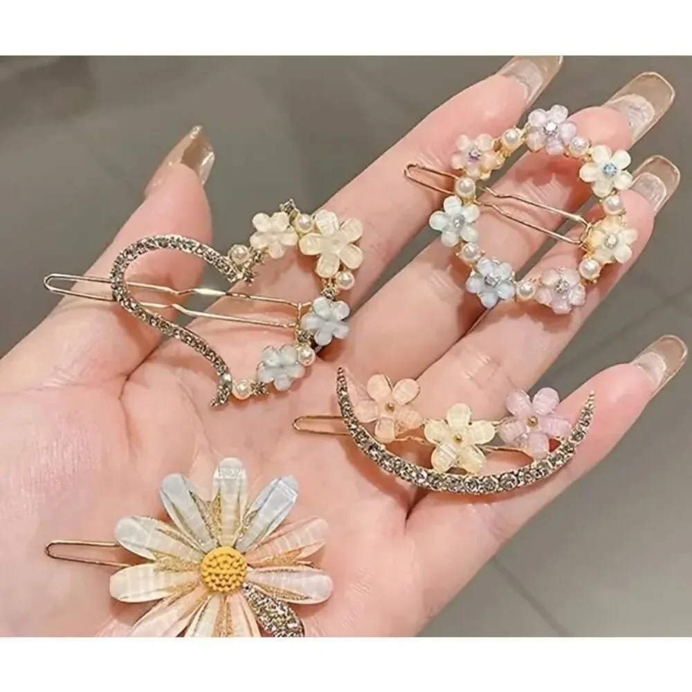 Pastel Flower Hair Clips Set 4pcs Rhinestone Pearl Barrette